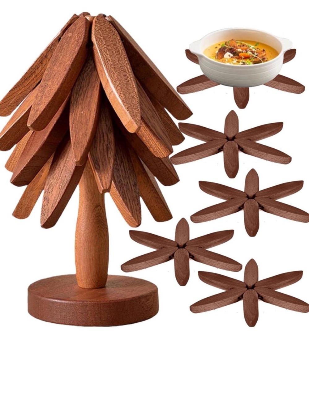 Wooden Trivet Set with Decorative Tree Display - Brown